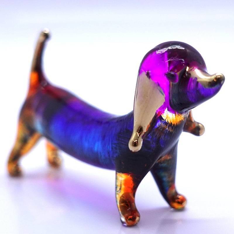 Sansukjai Dachshund Miniature Figurines Dog Animals Hand Blown Glass Art Gold Trim Collectible Gift Decorate (Blue Orange) - Image 3